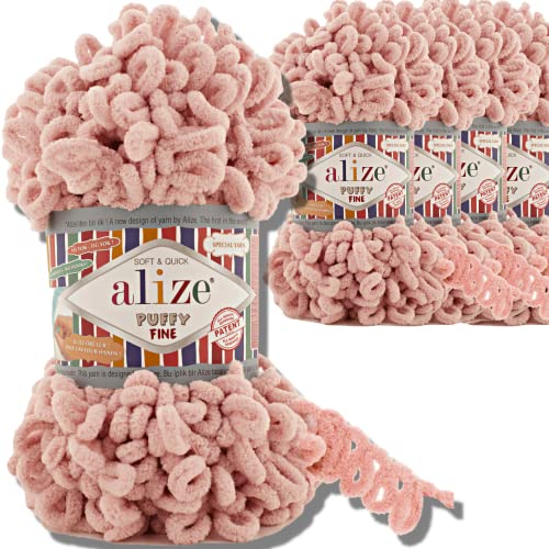 Alize 5x 100g Puffy Fine türkische Wolle Super Bulky Chenillegarn Babywolle Handstrickgarn ohne Nadel zum häkeln weiches Chenille-Garn XXL-Knäuel für Amigurumi (Powder | 161) von Hobby YARN