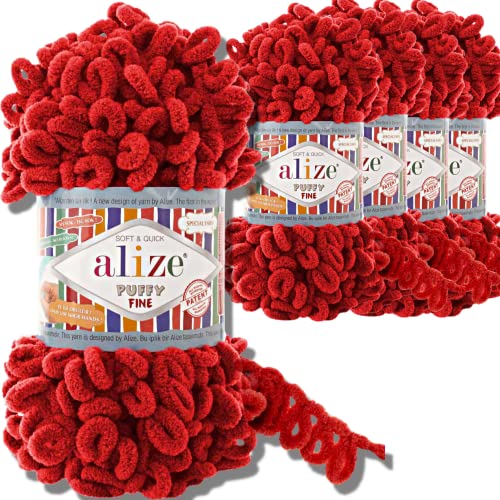 Alize 5x 100g Puffy Fine türkische Wolle Super Bulky Chenillegarn Babywolle Handstrickgarn ohne Nadel zum häkeln weiches Chenille-Garn XXL-Knäuel für Amigurumi (Red | 56) von Hobby YARN