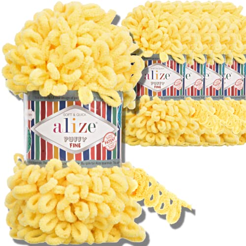 Alize 5x 100g Puffy Fine türkische Wolle Super Bulky Chenillegarn Babywolle Handstrickgarn ohne Nadel zum häkeln weiches Chenille-Garn XXL-Knäuel für Amigurumi (Yellow | 113) von Hobby YARN