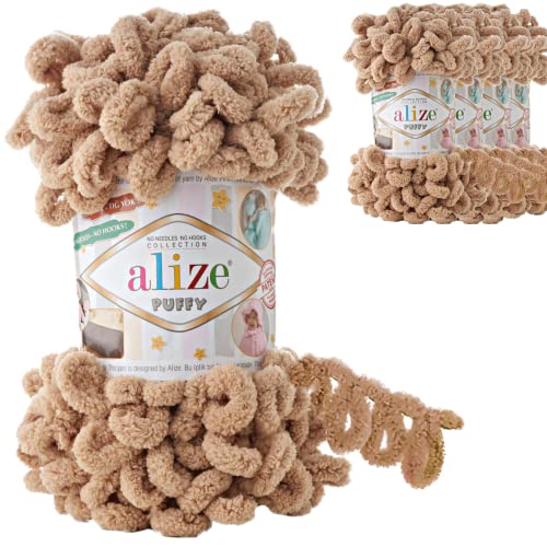 Alize 5x 100g Puffy türkische Wolle Super Bulky Chenillegarn Kuschelweich Babywolle Handstrickgarn zum häkeln weiches Chenille-Garn XXL-Knäuel für Amigurumi (Beige | 262) von Hobby YARN