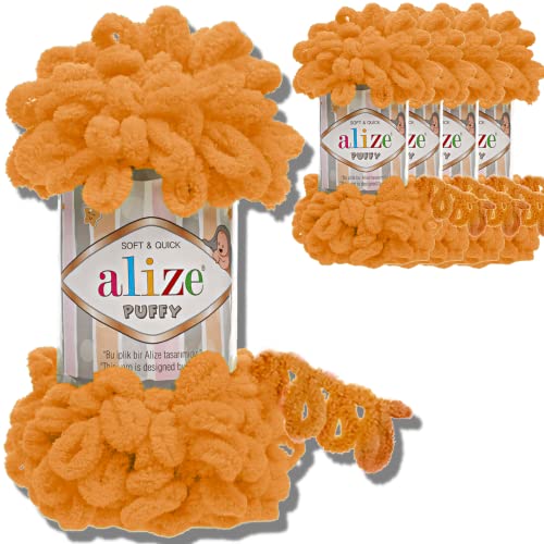 Alize 5x 100g Puffy türkische Wolle Super Bulky Chenillegarn Kuschelweich Babywolle Handstrickgarn zum häkeln weiches Chenille-Garn XXL-Knäuel für Amigurumi (Orange | 336) von Hobby YARN