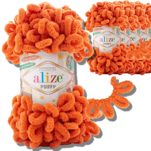 Alize 5x 100g Puffy türkische Wolle Super Bulky Chenillegarn Kuschelweich Babywolle Handstrickgarn zum häkeln weiches Chenille-Garn XXL-Knäuel für Amigurumi (Orange | 6) von Hobby YARN