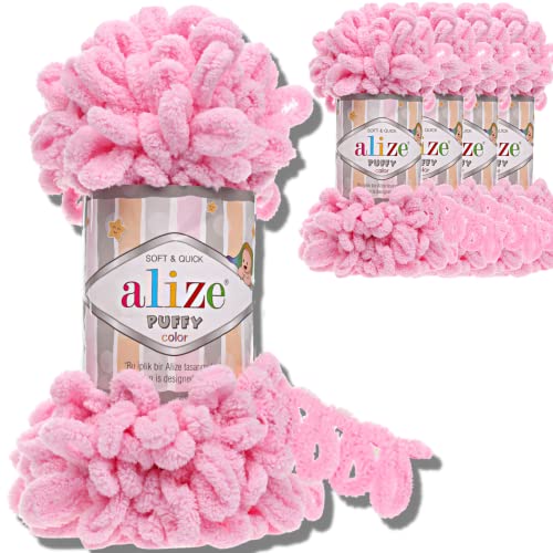 Alize 5x 100g Puffy türkische Wolle Super Bulky Chenillegarn Kuschelweich Babywolle Handstrickgarn zum häkeln weiches Chenille-Garn XXL-Knäuel für Amigurumi (Pink | 185) von Hobby YARN
