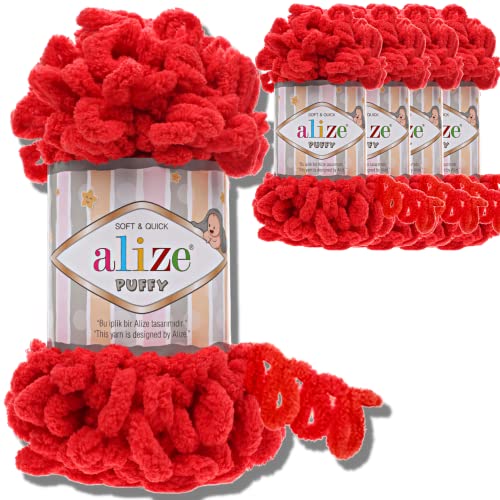 Alize 5x 100g Puffy türkische Wolle Super Bulky Chenillegarn Kuschelweich Babywolle Handstrickgarn zum häkeln weiches Chenille-Garn XXL-Knäuel für Amigurumi (Red | 56) von Hobby YARN