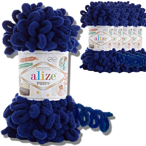 Alize 5x 100g Puffy türkische Wolle Super Bulky Chenillegarn Kuschelweich Babywolle Handstrickgarn zum häkeln weiches Chenille-Garn XXL-Knäuel für Amigurumi (Royal Blue | 360) von Hobby YARN