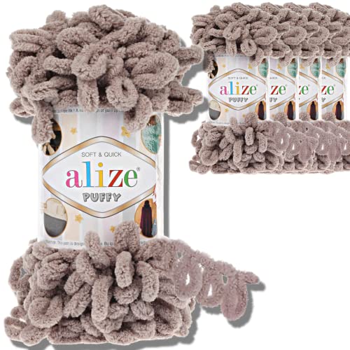 Alize 5x 100g Puffy türkische Wolle Super Bulky Chenillegarn Kuschelweich Babywolle Handstrickgarn zum häkeln weiches Chenille-Garn XXL-Knäuel für Amigurumi (Stone | 268) von Hobby YARN