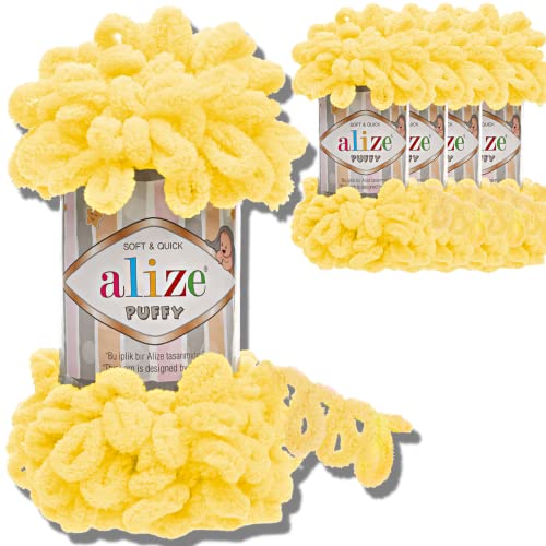 Alize 5x 100g Puffy türkische Wolle Super Bulky Chenillegarn Kuschelweich Babywolle Handstrickgarn zum häkeln weiches Chenille-Garn XXL-Knäuel für Amigurumi (Yellow | 216) von Hobby YARN