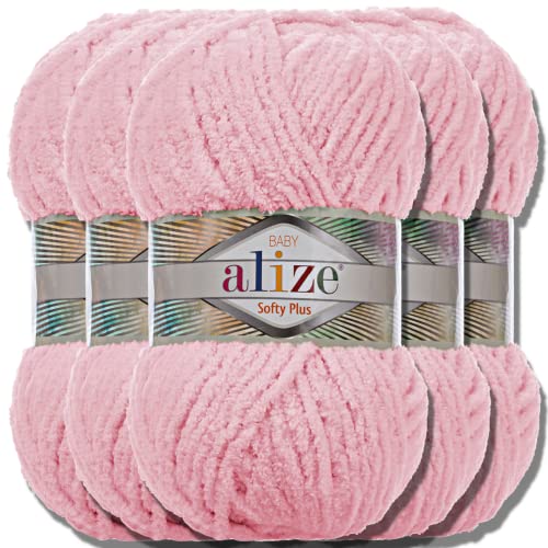 Alize 5x 100g Softy Plus türkische Wolle Super Bulky Chenillegarn Babywolle Handstrickgarn ohne Nadel zum häkeln weiches Chenille-Garn XXL-Knäuel für Amigurumi (Baby Pink | 31) von Hobby YARN