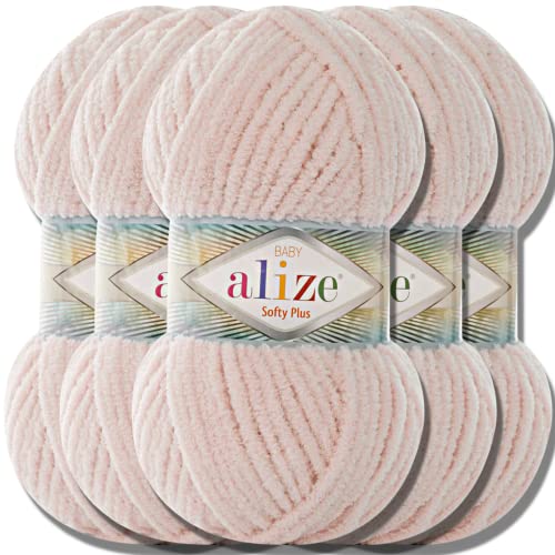 Alize 5x 100g Softy Plus türkische Wolle Super Bulky Chenillegarn Babywolle Handstrickgarn ohne Nadel zum häkeln weiches Chenille-Garn XXL-Knäuel für Amigurumi (Nude | 382) von Hobby YARN