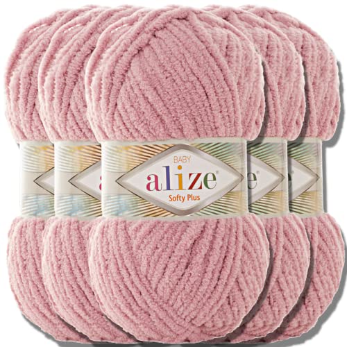 Alize 5x 100g Softy Plus türkische Wolle Super Bulky Chenillegarn Babywolle Handstrickgarn ohne Nadel zum häkeln weiches Chenille-Garn XXL-Knäuel für Amigurumi (Pink Rose | 295) von Hobby YARN