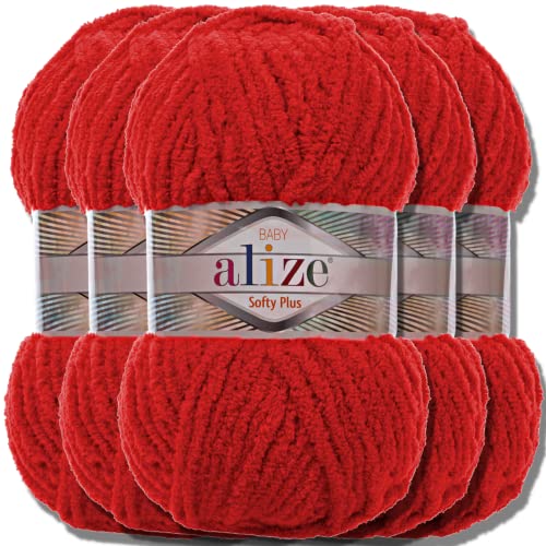 Alize 5x 100g Softy Plus türkische Wolle Super Bulky Chenillegarn Babywolle Handstrickgarn ohne Nadel zum häkeln weiches Chenille-Garn XXL-Knäuel für Amigurumi (Red | 56) von Hobby YARN