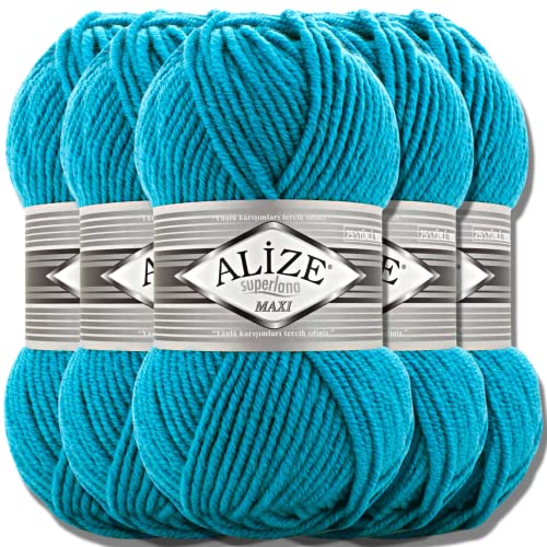 Alize 5x 100g Superlana Maxi Türkische Premium Wolle Baumwolle und Acryl Uni Handstrickgarne | Yarn | Garn | Strickgarn Einfarbig Baby zum Häkeln Stricken Kleidung Schals (Turquoise | 484) von Hobby YARN