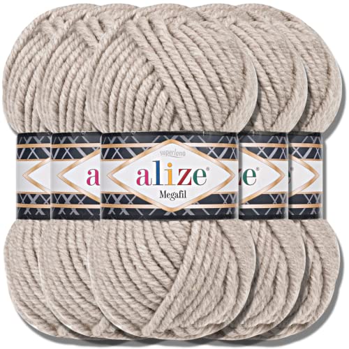 Alize 5x 100g Superlana Megafil Türkische Wolle Super Bulky Chenillegarn Babywolle Handstrickgarn häkeln weiches Chenille-Garn XXL-Knäuel für Amigurumi Yarn Garn (Beige Melange | 152) von Hobby YARN