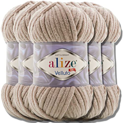 Hobby YARN Alize Velluto 5x 100g Türkische Strickwolle super Bulky Wolle zum Häkeln Uni Farbe Babywolle Flauschgarn Filzwolle Kuschelwolle (Beige | 530) von Hobby YARN