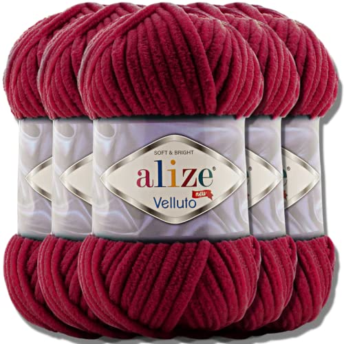 Hobby YARN Alize Velluto 5x 100g Türkische Strickwolle super Bulky Wolle zum Häkeln Uni Farbe Babywolle Flauschgarn Filzwolle Kuschelwolle (Cherry | 107) von Hobby YARN