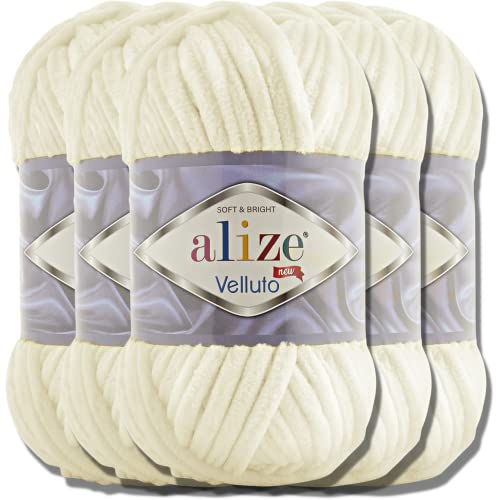 Alize 5x 100g Velluto türkische Wolle Super Bulky Chenillegarn Kuschelweich Babywolle Handstrickgarn zum häkeln weiches Chenille-Garn XXL-Knäuel für Amigurumi (Light Cream | 62) von alize