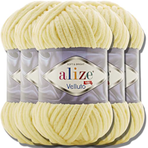 Alize 5x 100g Velluto türkische Wolle Super Bulky Chenillegarn Kuschelweich Babywolle Handstrickgarn zum häkeln weiches Chenille-Garn XXL-Knäuel für Amigurumi (Light Yellow | 13) von Hobby YARN