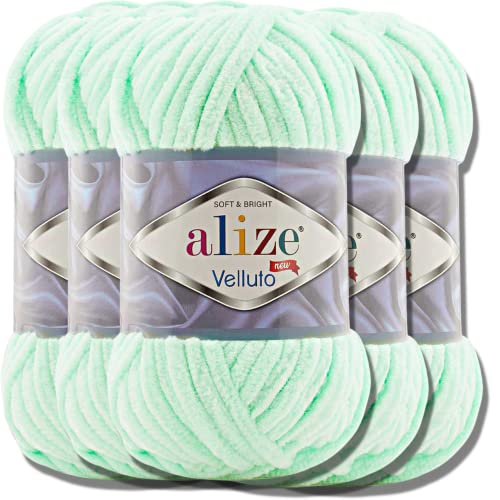 Hobby YARN Alize Velluto 5x 100g Türkische Strickwolle super Bulky Wolle zum Häkeln Uni Farbe Babywolle Flauschgarn Filzwolle Kuschelwolle (Mint | 464) von Hobby YARN