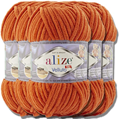 Hobby YARN Alize Velluto 5x 100g Türkische Strickwolle super Bulky Wolle zum Häkeln Uni Farbe Babywolle Flauschgarn Filzwolle Kuschelwolle (Orange | 6) von Hobby YARN