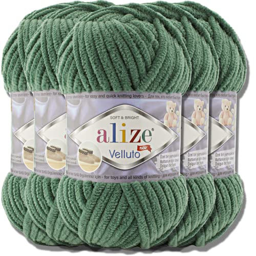 Hobby YARN Alize Velluto 5x 100g Türkische Strickwolle super Bulky Wolle zum Häkeln Uni Farbe Babywolle Flauschgarn Filzwolle Kuschelwolle (Pine Green | 532) von Hobby YARN