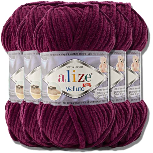 Hobby YARN Alize Velluto 5x 100g Türkische Strickwolle super Bulky Wolle zum Häkeln Uni Farbe Babywolle Flauschgarn Filzwolle Kuschelwolle (Plum | 111) von Hobby YARN