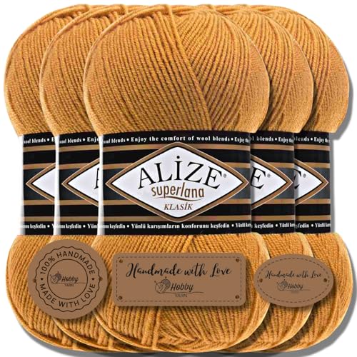 Hobby YARN 3x Etikettenlabel mit Alize Superlana Klasik Wolle Premium 5x100g als Set | Yarn | Garn | Strickgarn Einfarbig Baby zum Häkeln Stricken Kleidung Schals (Saffron | 2) von Hobby YARN