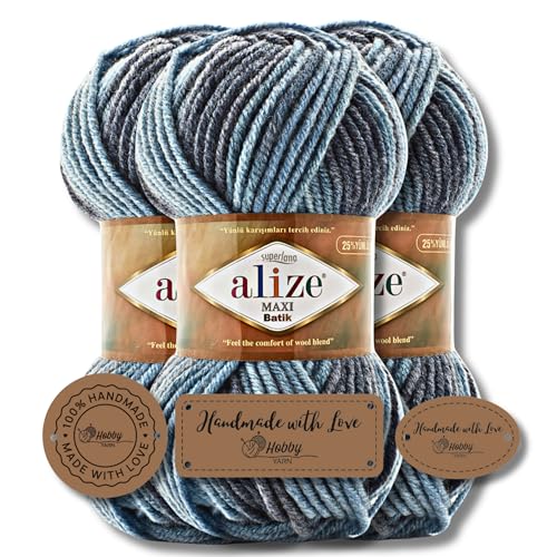 Hobby YARN 3x Etikettenlabel mit Alize Superlana Maxi Batik Wolle Premium 3x100g als Set | Yarn| Garn| Strickgarn mit Farbverlauf Baby zum Häkeln Stricken Kleidung Schals (7785) von Hobby YARN