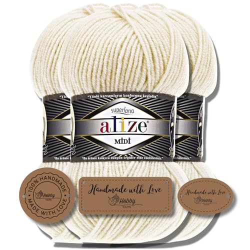 Hobby YARN 3x Etikettenlabel mit Alize Superlana Midi Wolle Premium 3x100g als Set I Yarn | Garn | Strickgarn Einfarbig Baby zum Häkeln Stricken Kleidung Schals (599) von Hobby YARN