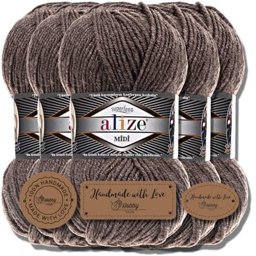 Hobby YARN 3x Etikettenlabel mit Alize Superlana Midi Wolle Premium 5x100g als Set I Yarn | Garn | Strickgarn Einfarbig Baby zum Häkeln Stricken Kleidung Schals (Milky Brown Melange |240) von Hobby YARN