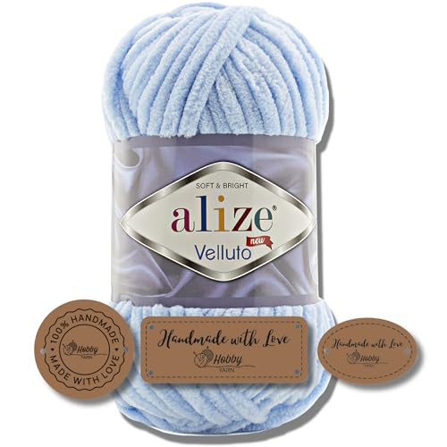 Hobby YARN 3x Etikettenlabel mit Alize Velluto Wolle Premium 1x100g als Set, Dicke Wolle zum Häkeln (Baby Blue - 218) von Hobby YARN