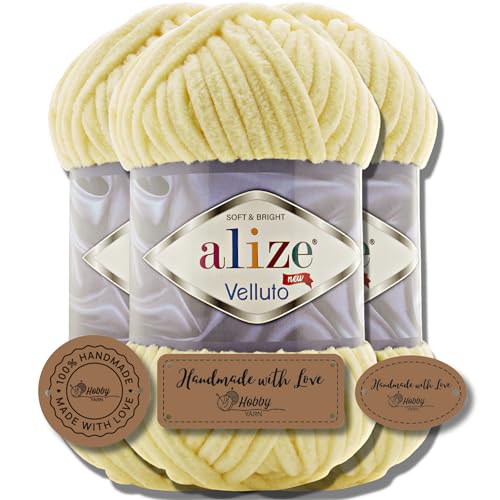Hobby YARN 3x Etikettenlabel mit Alize Velluto Wolle Premium 3x100g als Set, Chenille Dicke Wolle zum Häkeln Uni Farbe Bulky Amigurumi Baby Kuschelwolle Filzwolle (Light Yellow - 13) von Hobby YARN