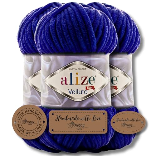 Hobby YARN 3x Etikettenlabel mit Alize Velluto Wolle Premium 3x100g als Set | Chenille Dicke Wolle zum Häkeln Uni Farbe Bulky Amigurumi Baby Kuschelwolle Filzwolle (Navy | 360) von Hobby YARN