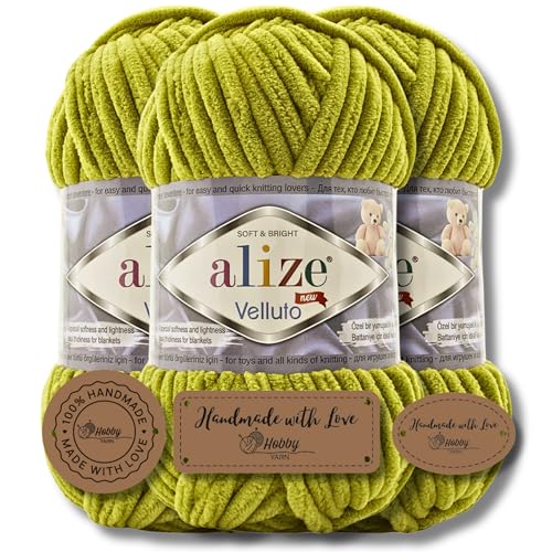 Hobby YARN 3x Etikettenlabel mit Alize Velluto Wolle Premium 3x100g als Set, Chenille Dicke Wolle zum Häkeln Uni Farbe Bulky Amigurumi Baby Kuschelwolle Filzwolle (Pistachio Green - 11) von Hobby YARN