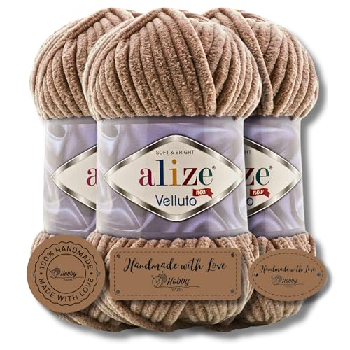 Hobby YARN 3x Etikettenlabel mit Alize Velluto Wolle Premium 3x100g als Set, Chenille Dicke Wolle zum Häkeln Uni Farbe Bulky Amigurumi Baby Kuschelwolle Filzwolle (Tobacco Brown - 329) von Hobby YARN