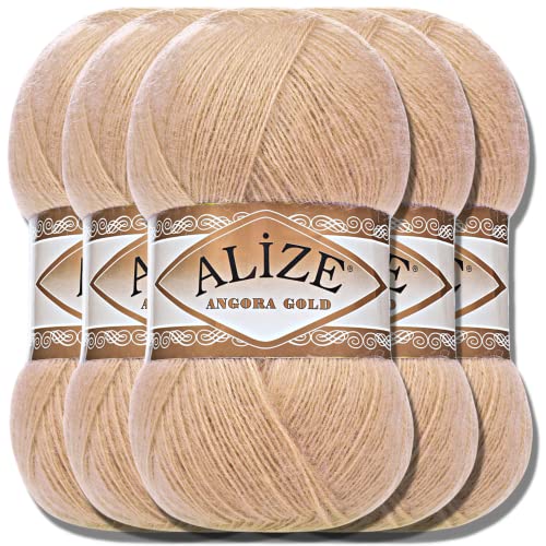 Hobby YARN Alize 5x 100g Angora Gold Türkische Premium Wolle Dünne Mohair aus Schurwolle Babywolle als Strickgarn Handstrickgarn Einfarbig Uni Yarn (Camel | 95) von Hobby YARN