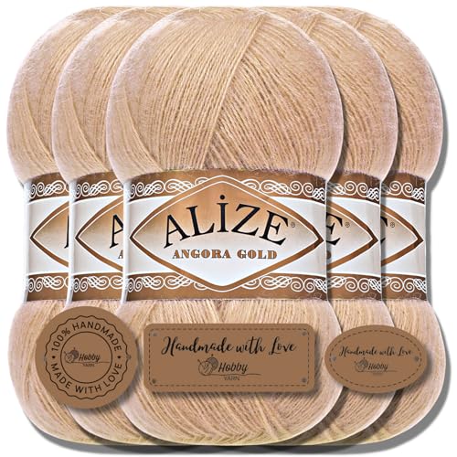 Hobby YARN Alize 5x 100g Angora Gold Türkische Premium Wolle Dünne Mohair aus Schurwolle Babywolle als Strickgarn Handstrickgarn Einfarbig Uni Yarn (Camel | 95) von Hobby YARN