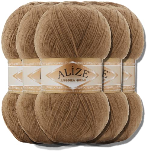 Hobby YARN Alize 5x 100g Angora Gold Türkische Premium Wolle Dünne Mohair aus Schurwolle Babywolle als Strickgarn Handstrickgarn Einfarbig Uni Yarn (Dark Beige | 466) von Hobby YARN