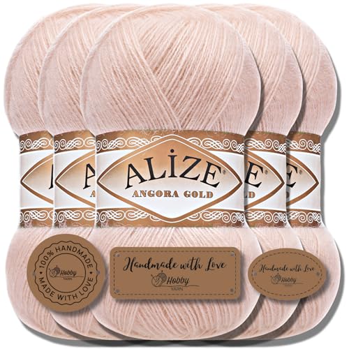 Hobby YARN Alize 5x 100g Angora Gold Türkische Premium Wolle Dünne Mohair aus Schurwolle Babywolle als Strickgarn Handstrickgarn Einfarbig Uni Yarn (Powder | 404) von Hobby YARN