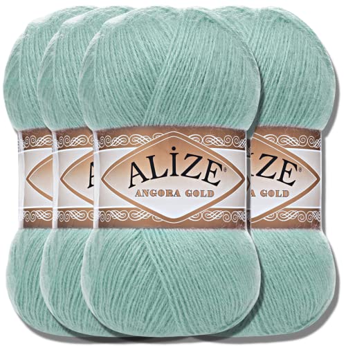 Hobby YARN Alize 5x 100g Angora Gold Türkische Premium Wolle Dünne Mohair aus Schurwolle Babywolle als Strickgarn Handstrickgarn Einfarbig Uni Yarn (Sea Green | 462) von Hobby YARN