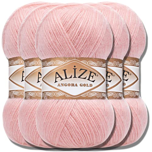 Hobby YARN Alize 5x 100g Angora Gold Türkische Premium Wolle Dünne Mohair aus Schurwolle Babywolle als Strickgarn Handstrickgarn Einfarbig Uni Yarn (Wedding Pink | 363) von Hobby YARN