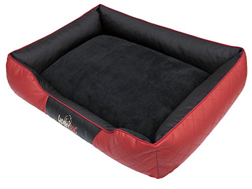 Hobbydog Hundebett Hundesofa Hundekissen Hundekorb Hundecouch Tierbett Weich Haustierbett R1-65x52 cm Rot Öko-Leder/Schwarz Pelz von Hobbydog