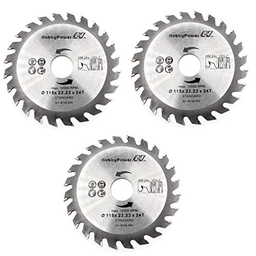 3 Stück HM Sägeblatt Kreissägeblatt Ø 115mm / 125mm 22,23mm / 20mm / 24T 40T Zähne für Holz Plastik (3x 115x22,23 / 24Z) von HobbyPower24