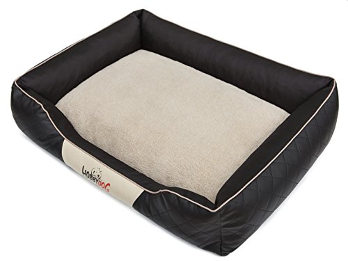 Hobbydog Hundebett Hundesofa Hundekissen Hundekorb Hundecouch Tierbett Weich Haustierbett R1-65x52 cm Schwarz Öko-Leder/Beige Pelz von Hobbydog