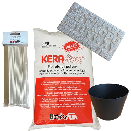 Hobbyfun KERAflot Starter-Set: 5 kg Keraflott, Gipsbecher, Silikonform mit Alphabet und Zahlen, 20 Stück Holz Spatel von Hobbyfun