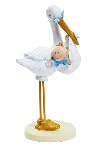Storch mit Baby Junge blau weiß, 11 cm, Tortendeko Tischdeko Tortenfigur Geburt Taufe von Hobbyfun