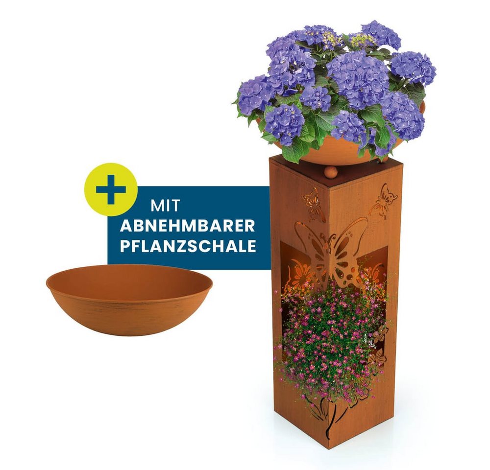 Hoberg Dekosäule LED Pflanzsäule 3D Schmetterling-Design in Rost-Optik, Integrierte Beleuchtung, 6h Timer, kabellos, Für In- und Outdoor von Hoberg