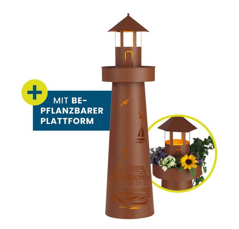 Hoberg Dekosäule LED Pflanzsäule im Leuchtturm Design in Rost-Optik, Mit LED-Beleuchtung, 6h Timer, Plattform individuell bepflanzbar von Hoberg