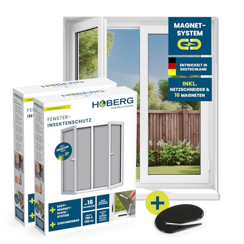 Hoberg Fliegengitter für Fenster mit Magnetbefestigung | Moskitonetz zuschneidbar bis 150x130 cm | Einfache Montage mit 16 Magneten - Insektenschutz ohne Bohren, Schrauben & Klebereste [2 Stück] von Hoberg