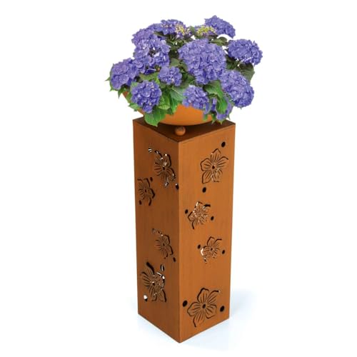 Hoberg LED Pflanzsäule 3D Blumen-Design in Rost-Optik | Abnehmbare Pflanzschale (Ø 34cm) In- & Outdoor geeignet | Integrierte Beleuchtung, 6h Timer, kabellos & witterungsbeständig [19 x 19 x 72 cm] von Hoberg