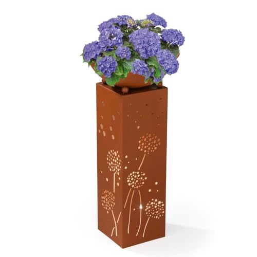 Hoberg LED Pflanzsäule Pusteblumen-Design in Rost-Optik | Abnehmbare Pflanzschale (Ø 34cm) | Integrierte Beleuchtung, 6h Timer, kabellos, witterungsbeständig | Für In- & Outdoor [19 x 19 x 72 cm] von Hoberg